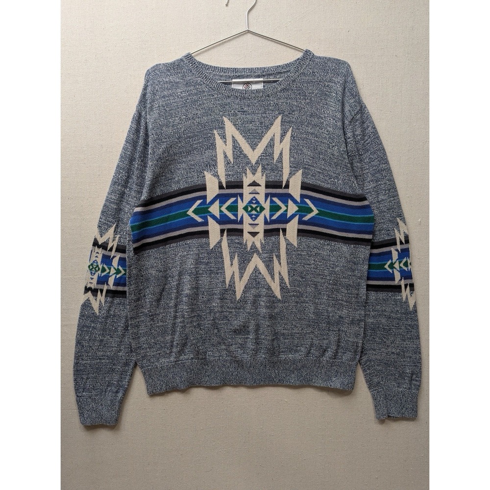 On The Byas Aztec Geometric Knit Sweater Mens M Blue Tribal Pattern